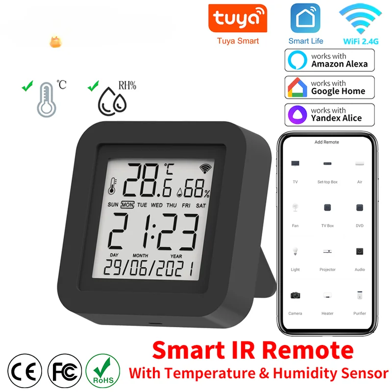 Tuya Smart Universal IR Remote With Temperature Humidity Sensor for Air Conditioner TV AC Works with Alexa Google Home Yandex