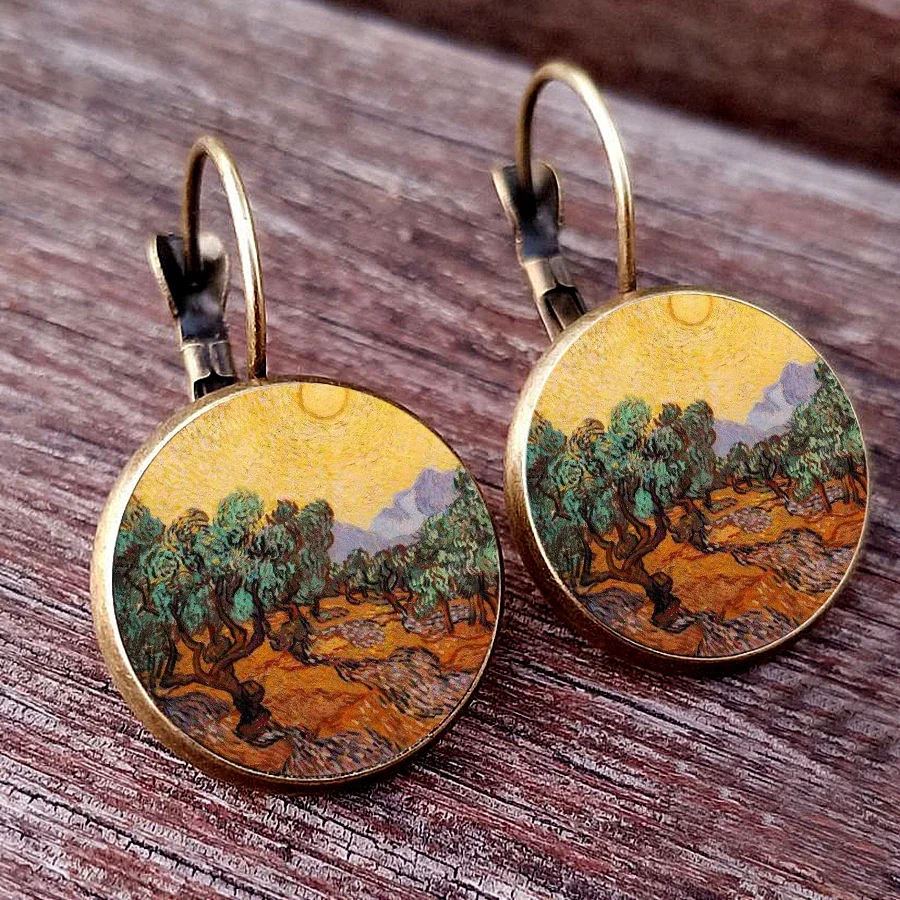 Van Gogh Painting Ear Studs Van Gogh\'s Autumn Painting of Starry Night  Round Jewelry Glass Dome earrings Autumn Vintage Earring