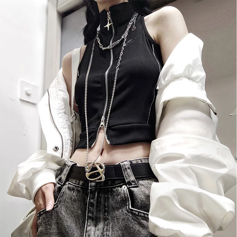 New Spring Autumn Harajuku Rock Punk Gothic Long Sleeve White Hot Girl Fashion Double Zippered Camisole Vest Coat Suit