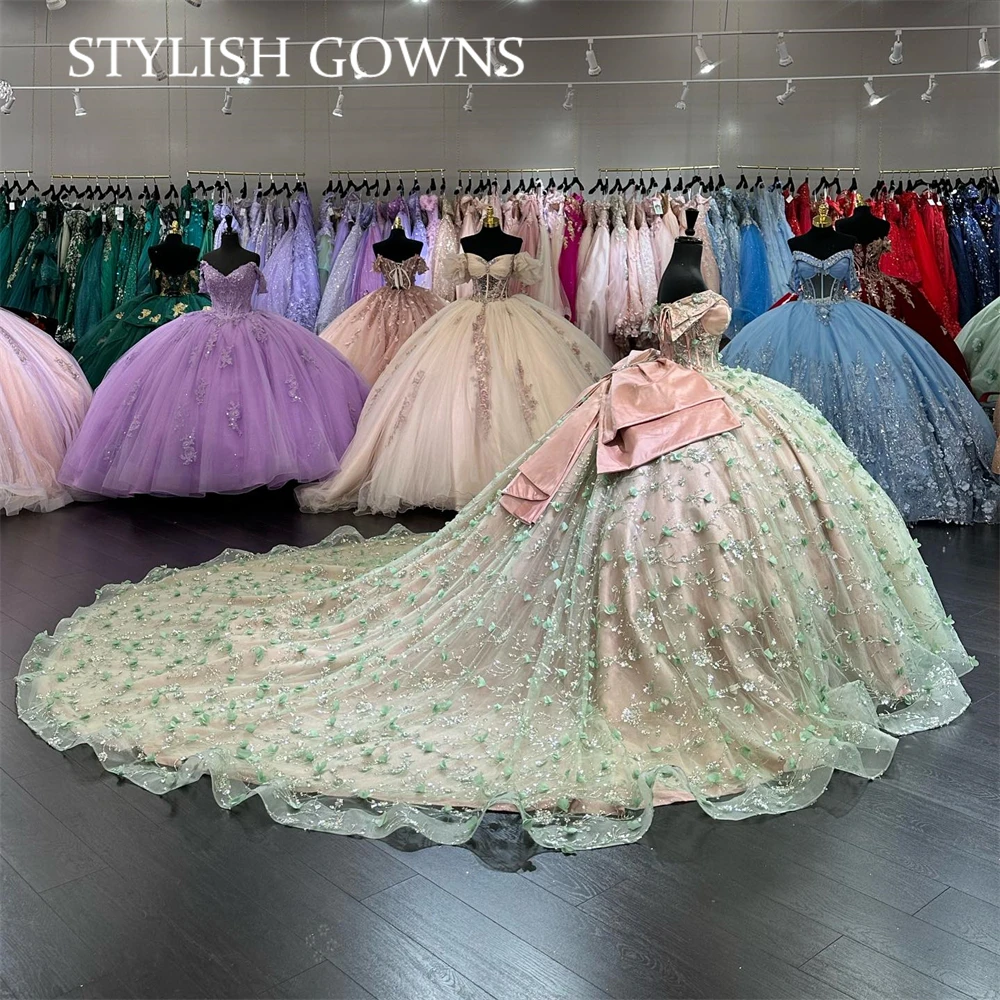 

Mexico Green Off The Shoulder Ball Gown Quinceanera Dress For Girls Bead 3D Flower Birthday Party Gowns Prom Dresses Robe De Bal