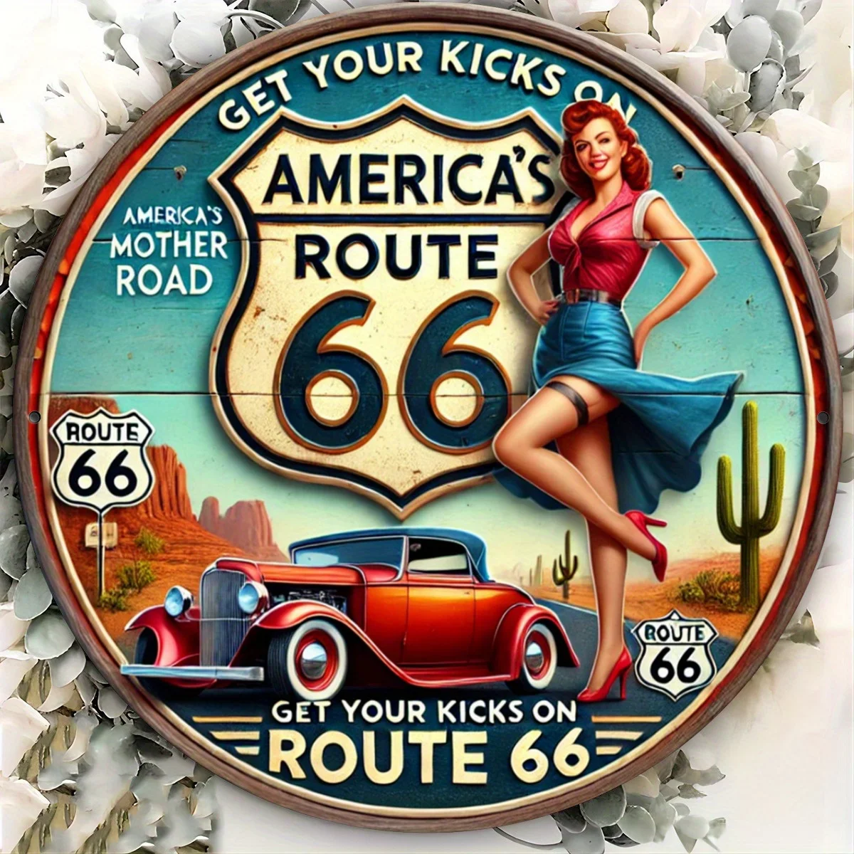 Retro Route 66 Metal Wall Art Sign - 8x8 Inch Vintage Americana Route 66 Shield Design with Classic Cars, Pumps & Cacti