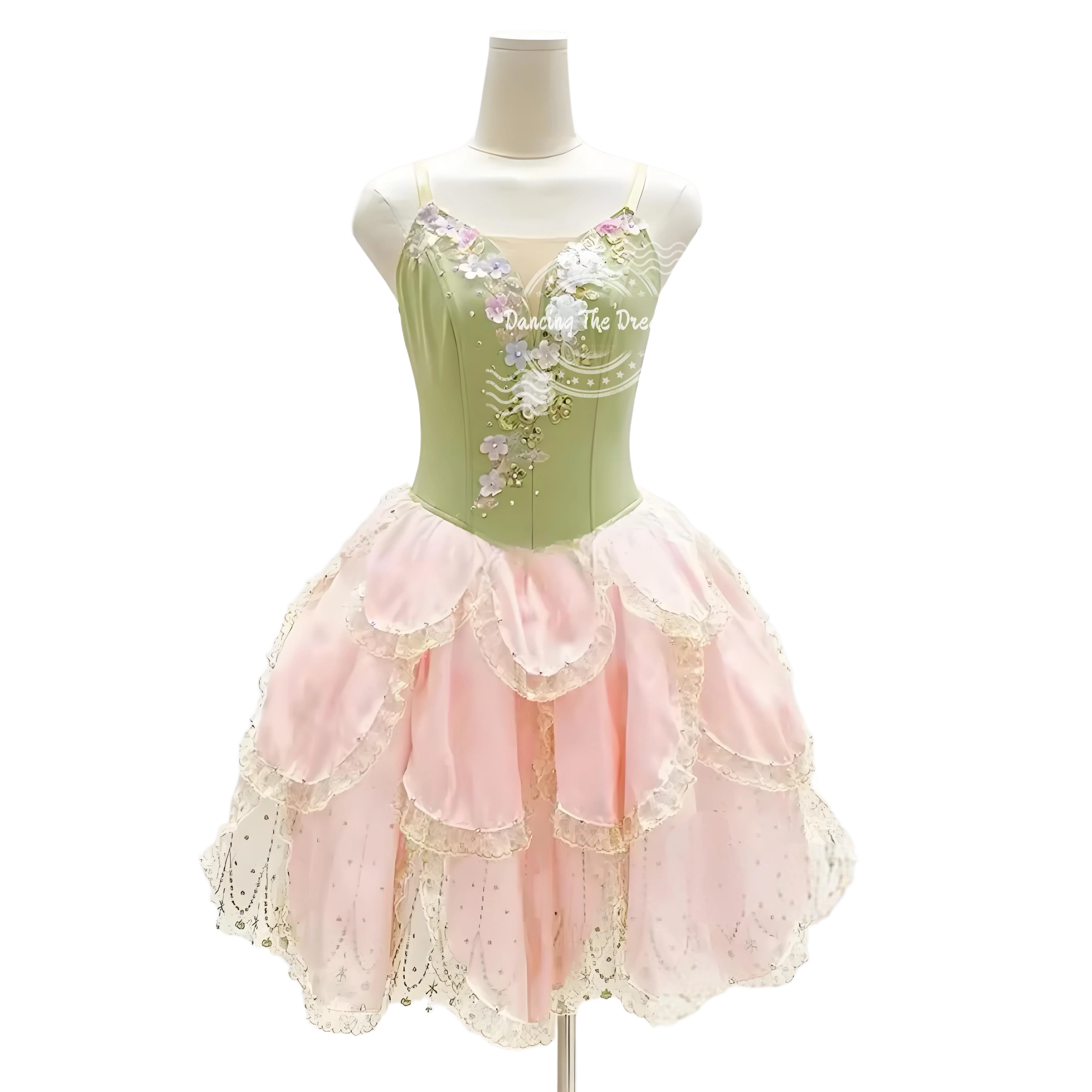 

Floral - Embroidered Green & Pink Lace Ballet Dress Pink Mesh - Layered Green Tulle Ballet Dress with Floral Details