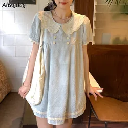 Sweet Dresses for Women Plaid Mini Korean Style Loose Short Sleeve Summer Clothing All-match Peter Pan Collar Young Students