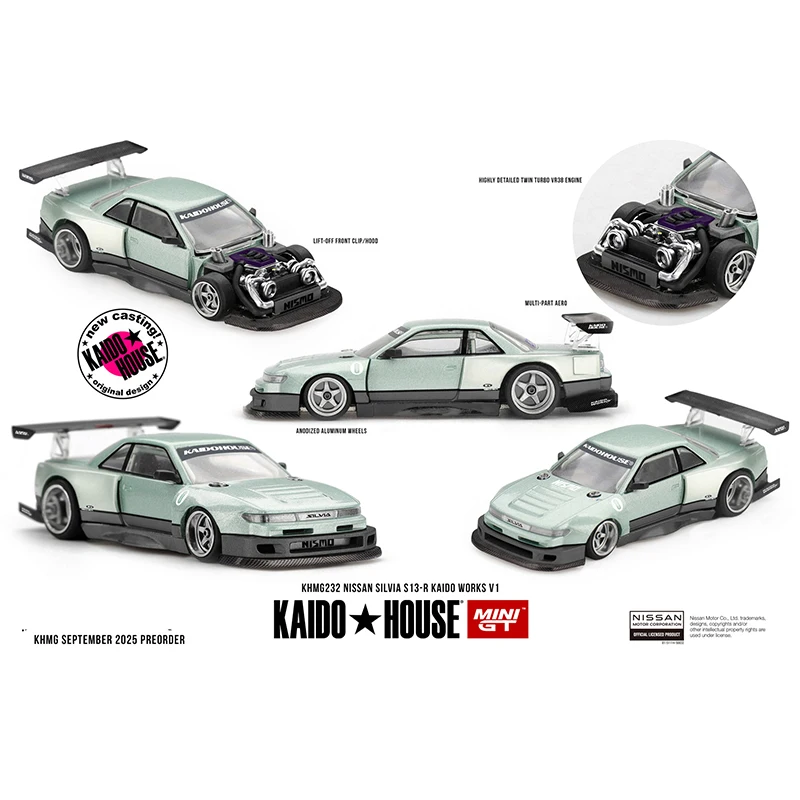 Kaido House + MINIGT Nissan Silvia S13-R KAIDO WORKS V1 KHMG232-CH Car Alloy Motor Vehicle Diecast Metal Model Kids Toys Boys