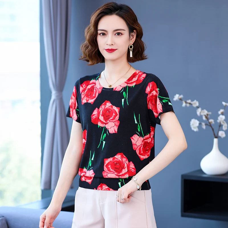 

Women's Rose Flowers Print Sweater Tops 2023 Spring & Summer Fashion Printing Knit Blouse Short Sleeve Female Knitwear T-shirt