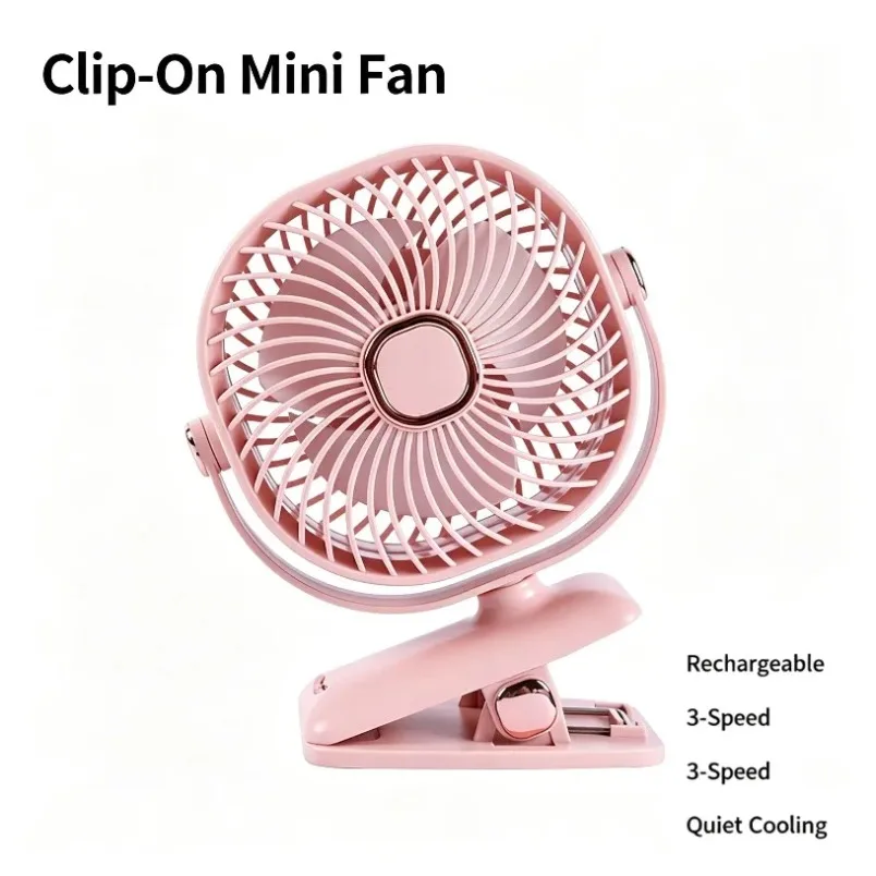 Mini Fan Clip On Rechargeable Desk Fan 3 Speed USB Type-C Portable Quiet Rotatable For Stroller Office Bed Camping Pink