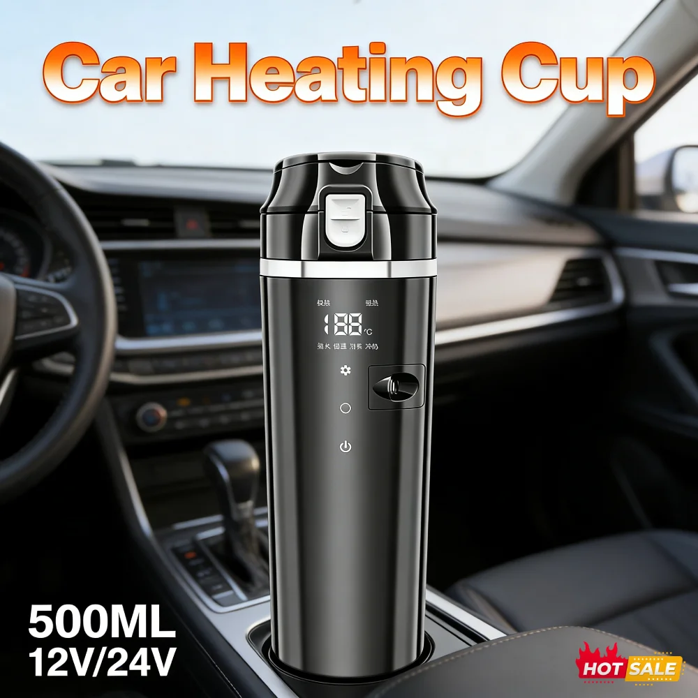 

Portable Car Heated Smart Mug 500ML 304 Stainless Steel Temperature Adjustable 12V 24V for Car Truck Coffee Milk Heated Kettle
