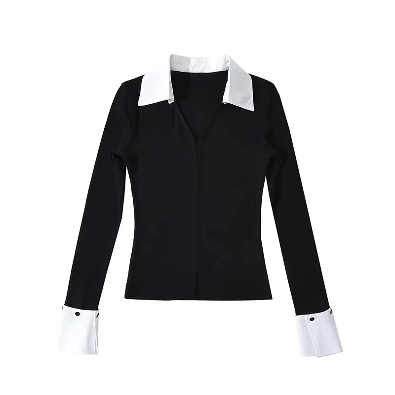 Sexy V-neck shirt sleeve T-shirt 2023 fashion stylish color-blocking turn-down collar long-sleeve women's shirt top 559O