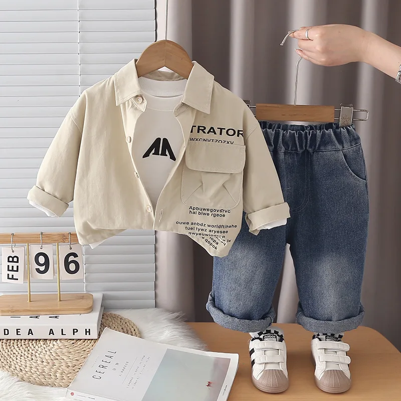Toddler Boys Fall Outfit Set Kids Clothing 2026 Spring Autumn Letter Pocket Shirts + White T-shirts + Pants Children's Clothes