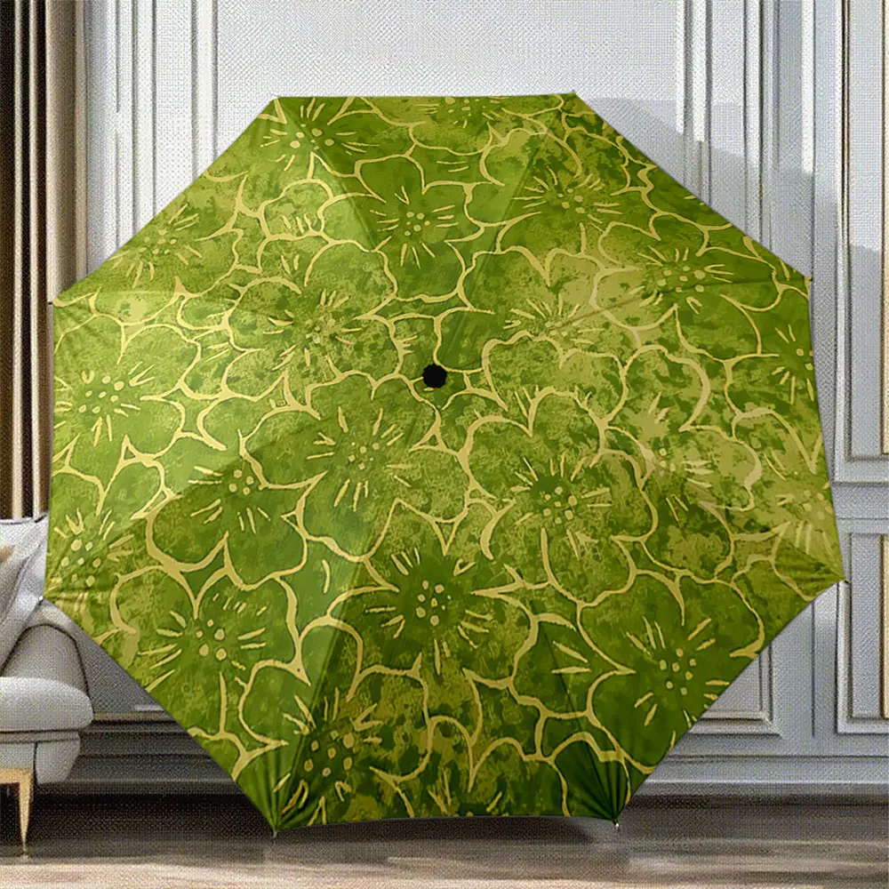 Green Floral Pattern Umbrella - Vintage Spring Design Portable Folding Umbrella, Gift for Family And Friends