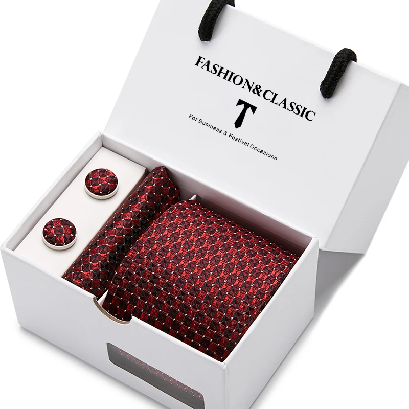 Hochwertiges 7,5 cm schwarzes, solides Herren-Krawatten-Taschentuch-Manschettenknöpfe-Set für Männer, Hochzeitskrawatten, Gravatas in Geschenkbox – Detail 11