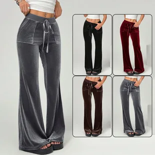 2026 Women's Micro Flare Pants Casual Flare Pants Velvet Draped Long Trousers