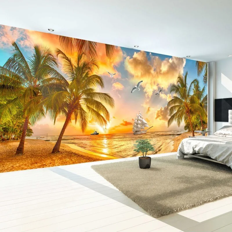 Customized products Mural Wallpaper Beach Sunset Coconut Tree Nature Landscape Backdrop Wall Living Room 8d bedroom restaurant