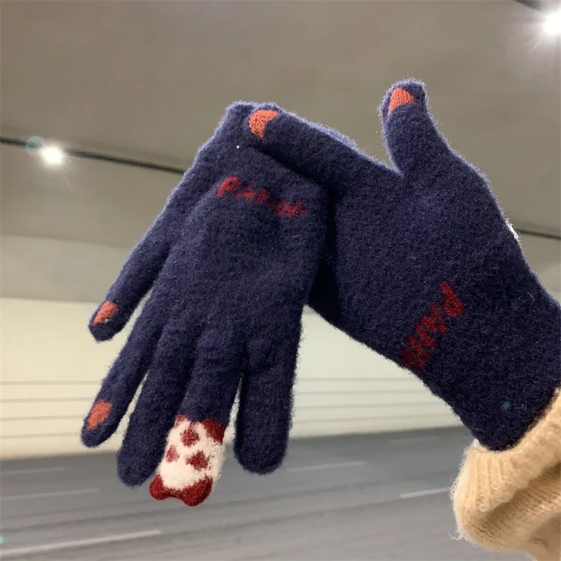 Autumn Winter Women Cute Gloves Cycling Warm Thickened Cold-proof Student Knitted Wool Touch-screen Cotton Five Fingers Mittens