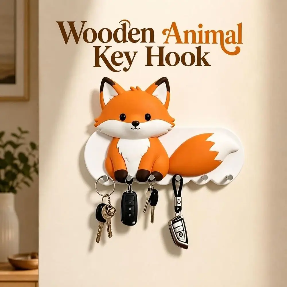 Modern Wooden Animal Key Hook Cartoon Punch-Free Adhesive Key Holder Multi-Hook Practical Wall-mount Hanger Hallway