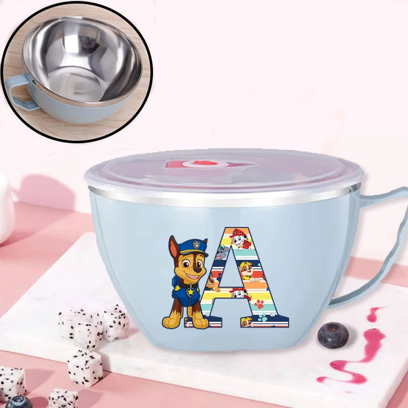 Cuenco de acero inoxidable con tapa de la Patrulla Canina para niños y niñas, cuencos con estampado de letras de dibujos animados A-Z, cuenco de comedor bonito a la moda para niños