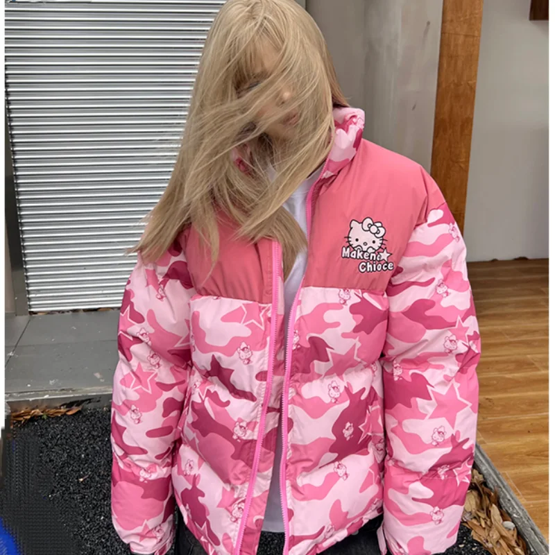 

Hello Kitty Winter Cotton Padded Jacket Y2K Sanrio Woman Clothes Loose Cotton Padded Jackets Camouflage Trendy Coat Couple Gifts