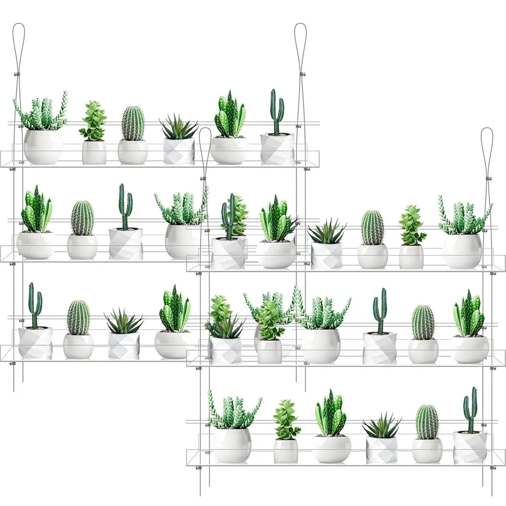 

2 Pcs 28 H 3-Tier Clear Hanging Window Plant Shelves Acrylic Height Adjustable Plant Stand Hanger Flower Pot Organizer Storage