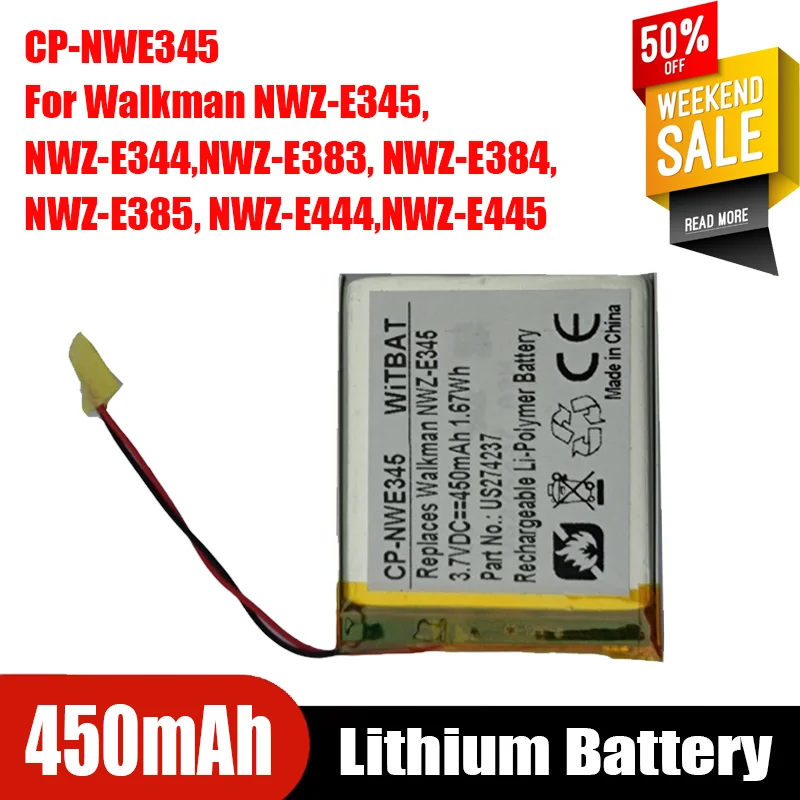 High-Quality CP-NWE345 3.7V 450mAh CP-Battery for Sony Walkman NWZ-E345/E344/E383/E384/E385/E444/E445 NW-A865 NW-A866/A867