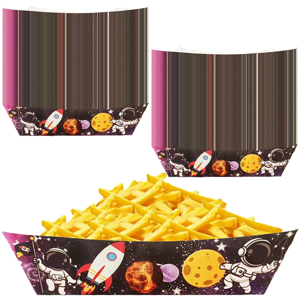 6/12/18/24pcs Space Astronauts Paper Food Trays Kraft Paper Food Boat Boxes French Fries Nachos Snack Birthday Party Decorations