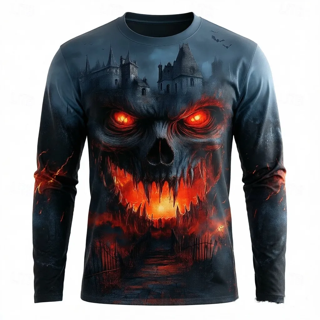 Men's Long Sleeve T-Shirt 3D Print Horror Skull Forest Castle Gothic Halloween Crew Neck Streetwear Tops