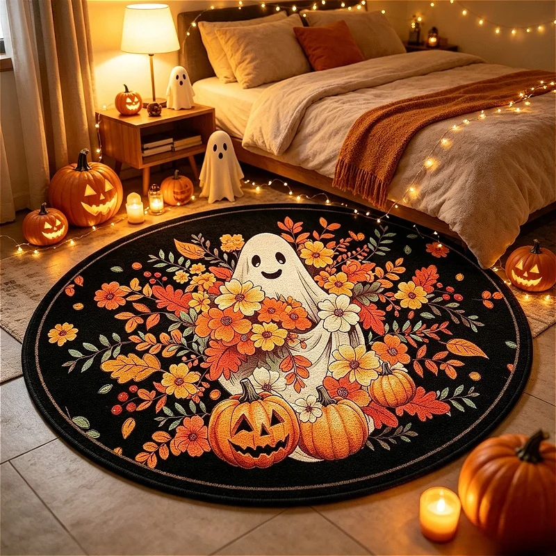 Cute Ghost Floral Pumpkin Round Rug Halloween Fall Leaves Print Home Bedroom Floor Mat Spooky Holiday Party Decor Carpet
