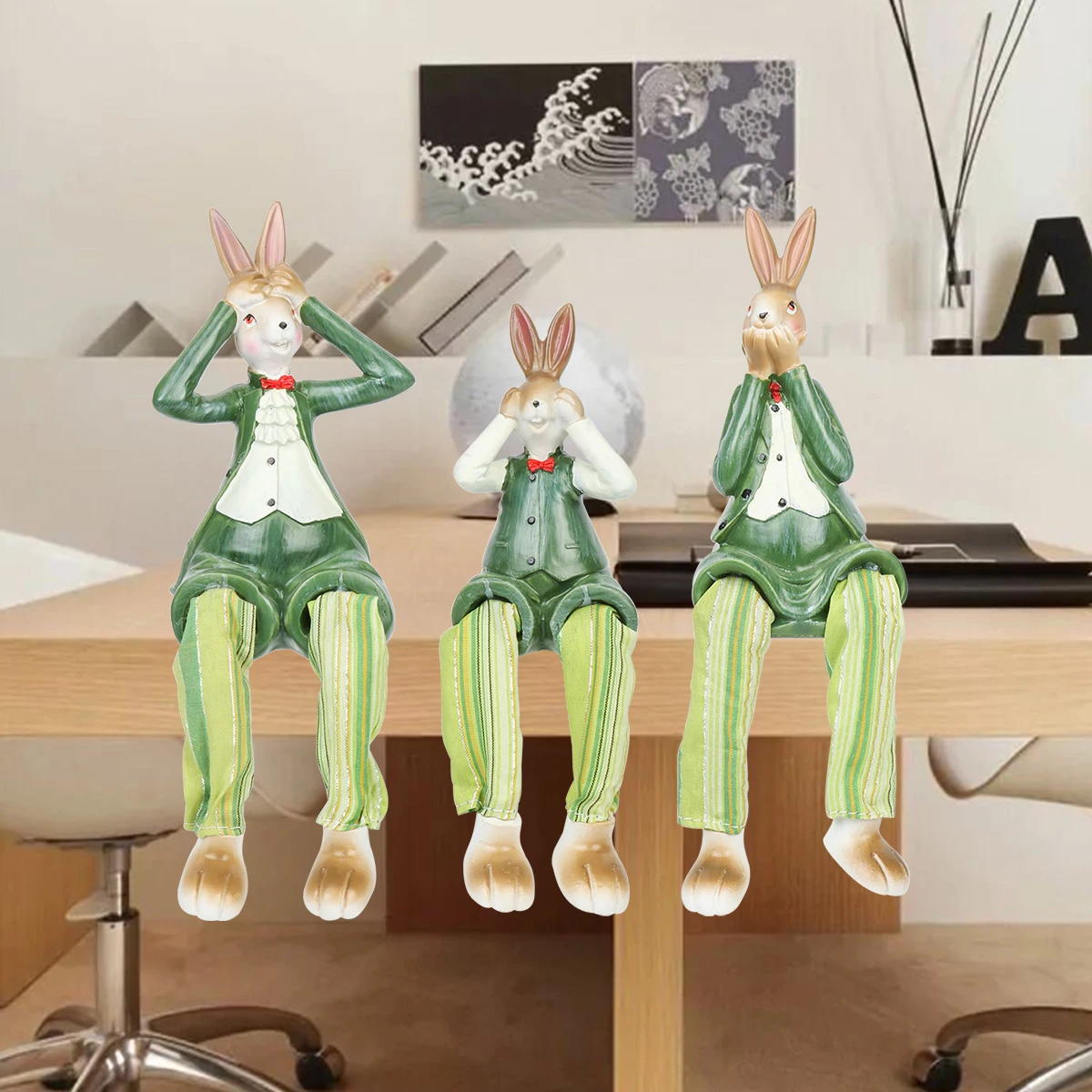 Creative and Cute Three No Rabbit Hanging Foot Doll Resin Craft Home Living Room Bedroom Decoration -1PCS