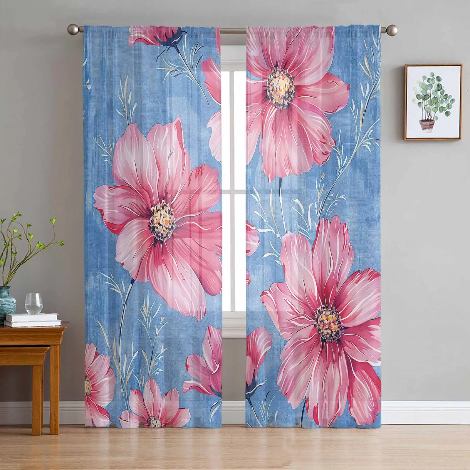 

Floral Watercolor Lines Tulle Curtains for Living Room Decoration Modern Chiffon Sheer Voile Christmas Curtains