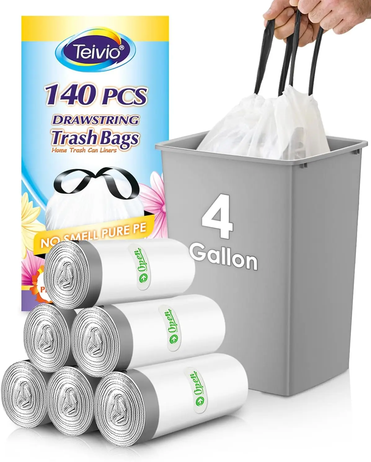 

Мусорные пакеты с завязками, 4 галлона, 140 штук, прочные, белые, для дома, офиса, кухни, ванной комнаты