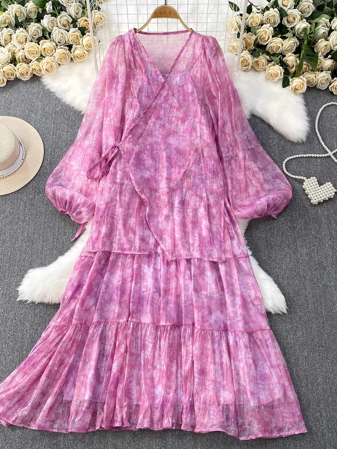 

Spring Summer Women Chiffon Two Piece Set Elegant See Through Printed Long Sleeve Blouse + Sequins Spaghetti Strap Dress Suit