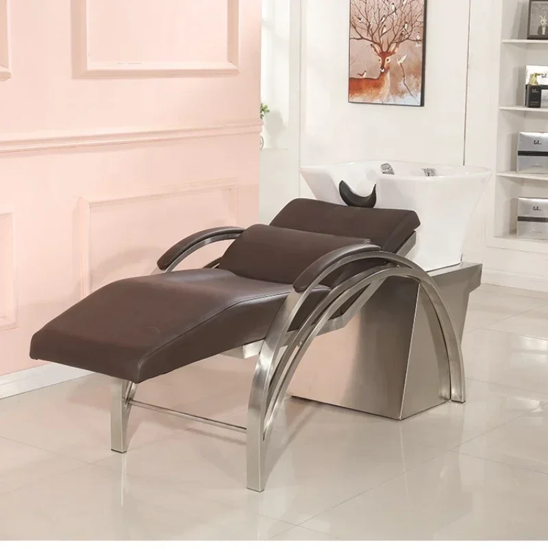 Modern minimalist brown hair salon wash chairs, metal spa head spa beds