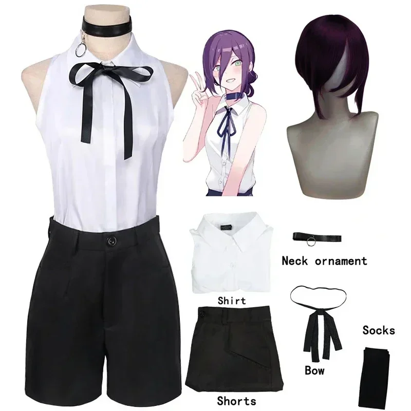 EE01 Reze تأثيري أنيمي بالمنشار رجل Reze تأثيري حلي شعر مستعار موحد قميص وتتسابق التعادل قصيرة أزياء الهالوين للنساء G & 0Ww