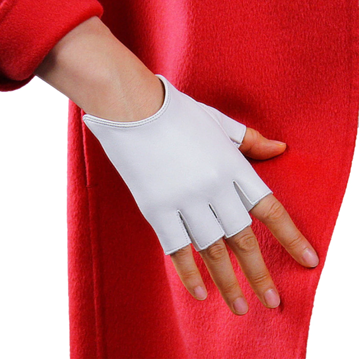 DooWay Women\'s White Real Leather Fingerless Short Gloves Genuine Sheepskin Sports Half Finger Outdoor Cycling Driving Glove