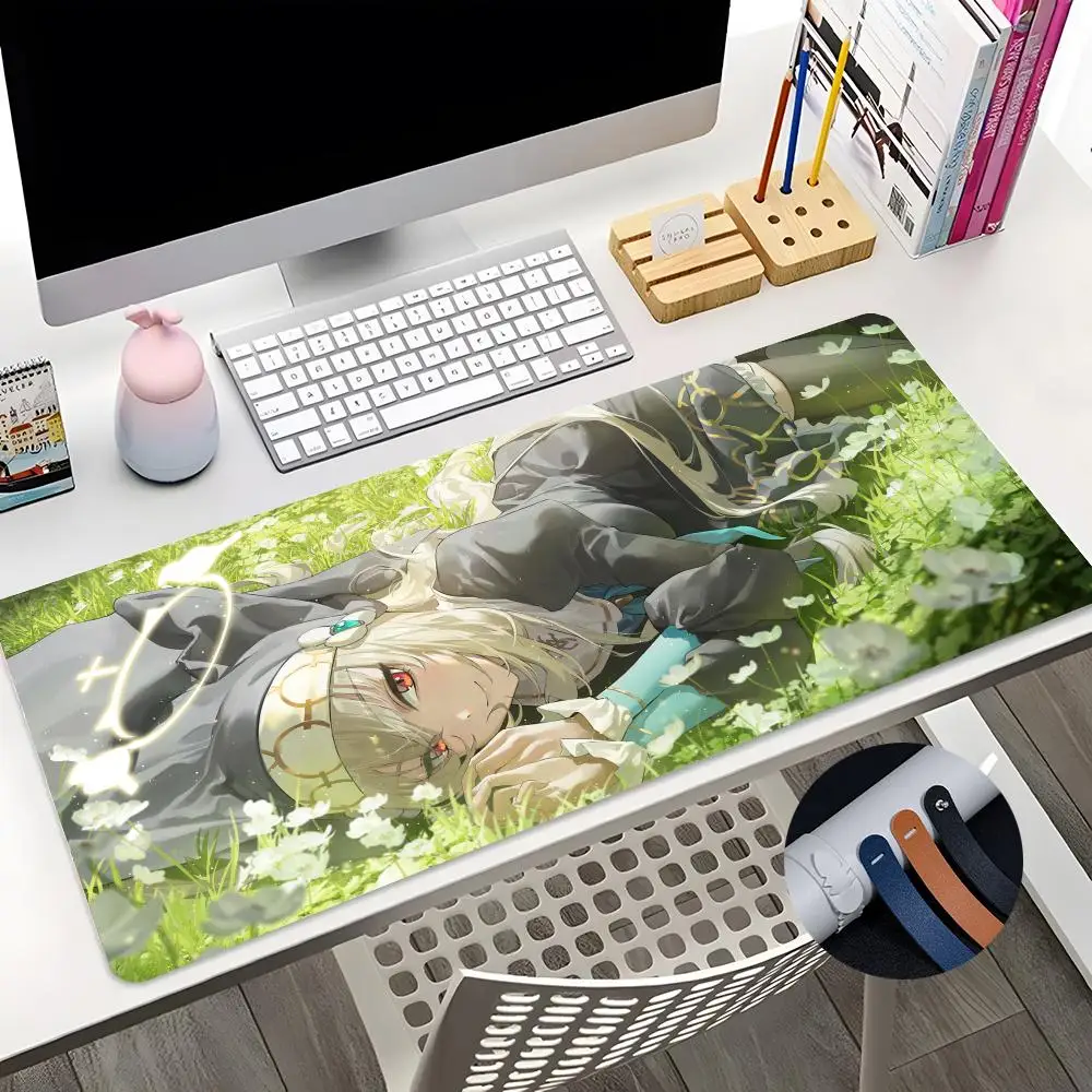 Anime Azul Arquivo Mouse Pad, Menina bonito, Tamanho grande, Office Desk Protector Mat, Couro PU impermeável, Desktop Gamer, 600x300