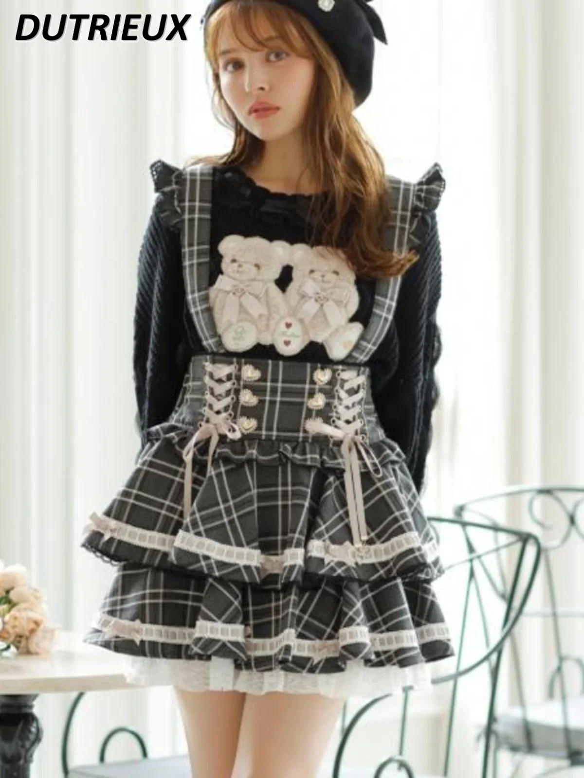 Japanese Autumn Winter New Cute Short Skirt Mine Series Mass Production Bow Removable Double-layer Plaid Strap Skirts Shorts