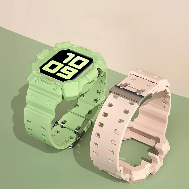For Full Cover Sports Smart Watch Strap + Watch Case for Apple Watch 6 SE Band Sports Integrated Protective Shell for Iwatch