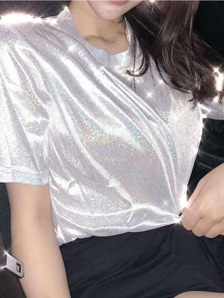 New Summer Retro Style Fashionable Bright Silk Women's Top Shiny Loose Short Sleeve T-shirt Sexy Club Aesthetics Harajuku Women