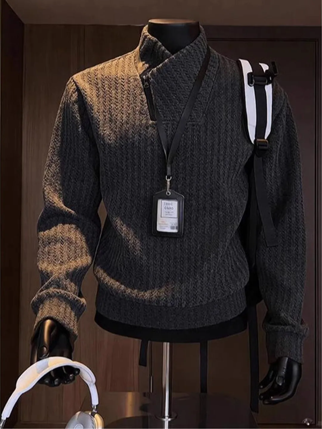 Japanese Style Zipper Stand Collar Thickened Men's Sweatshirt Inner Wear Spring Fashion Brand Casual Fishbone Pattern Base Shirt