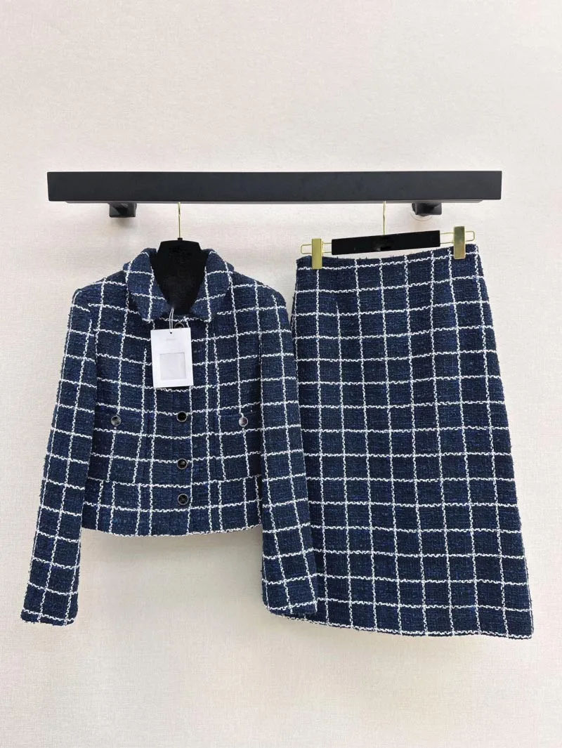 2025 Spring New Women's Suit Fashionable and Exquisite Long Sleeve Suit Collar Single breasted Checkered Linen Jacket+Skirt