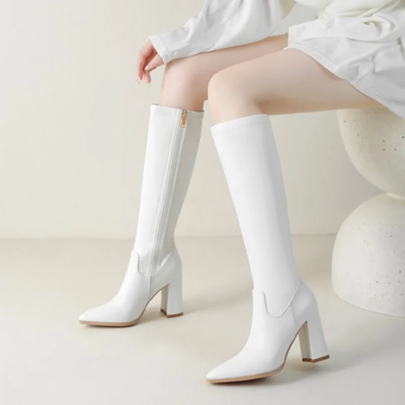 

2025 Sexy Female Knee High Boots Pointed Toe Block Heels 9cm Zipper Large Size 41 42 43 Fashion Dating Party Booties