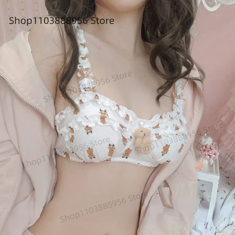 Soft Cute Lolita Push Up Bra and Panty Set Japanese Kawaii White Sweet Lolita Underwear Anime Cartoon School Girl Intimate Bras