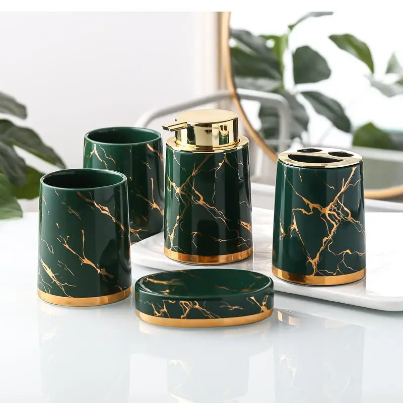 Golden Marble Bathroom Decoration Accessories Ceramic Toothbrush Holder Soap Dispenser Toothpaste Box