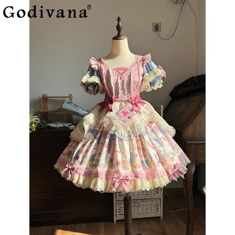 

Sweet Fluffy Doll Blue Pink Dress for Girls Summer Cute Short Sleeve Lolita OP Dress Women's Bow Princess Cosplay Dress
