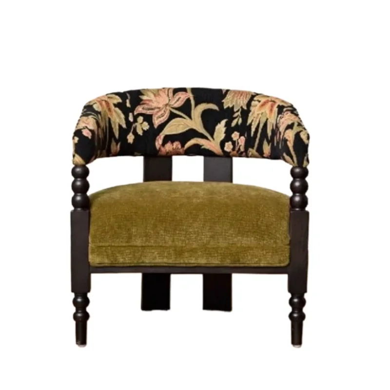 

Retro French solid wood casual sofa chair, jacquard fabric bedroom, living room single chair