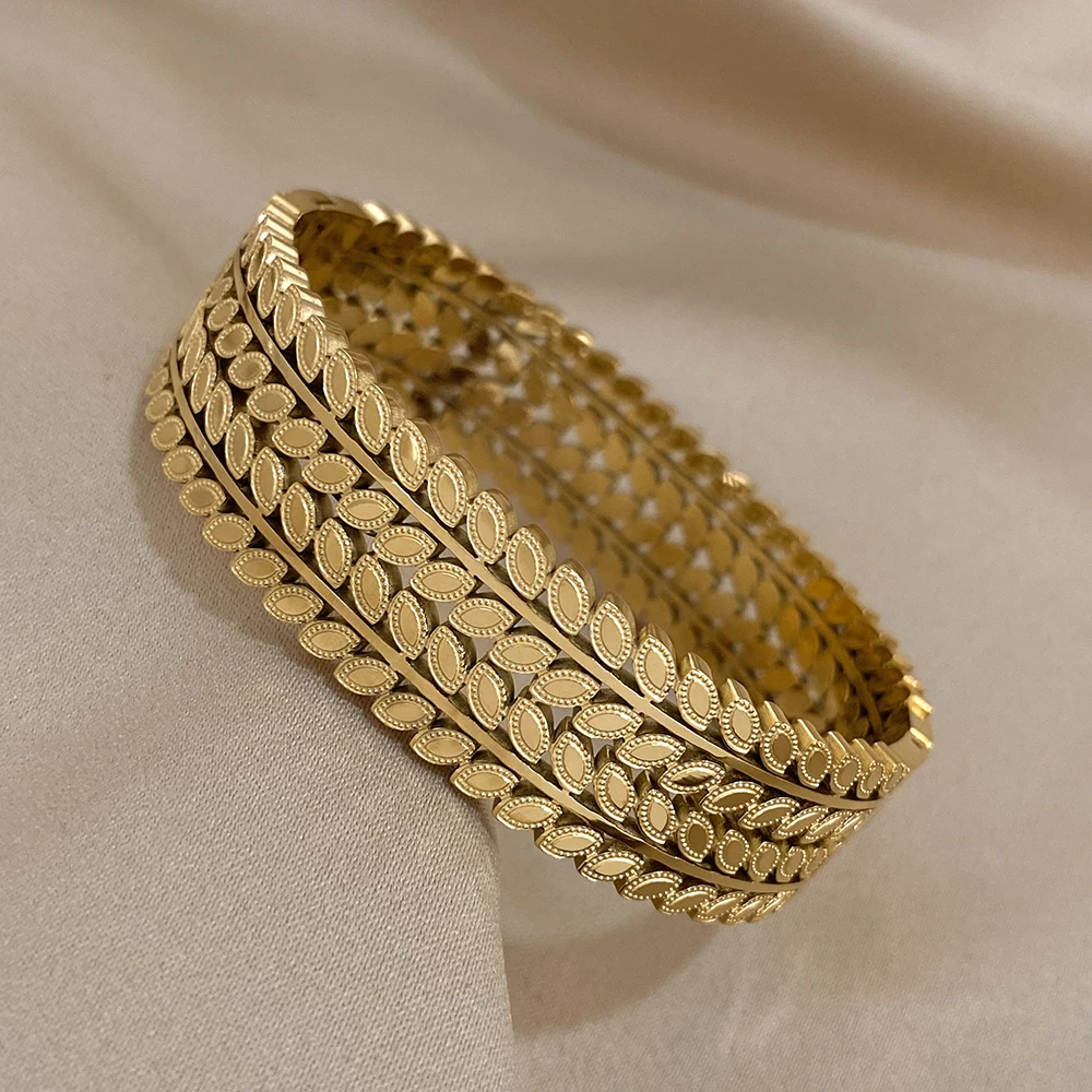 Greatera Chunky Layered Leaf Stainless Steel Bangles Bracelet for Women Gold Plated Wheat Wide Cuff Bracelet Waterproof Jewelry