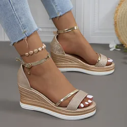 Sandalias de cuña de tacón superalto para mujer, zapatos de plataforma plana versátiles con correa recta, novedad de verano