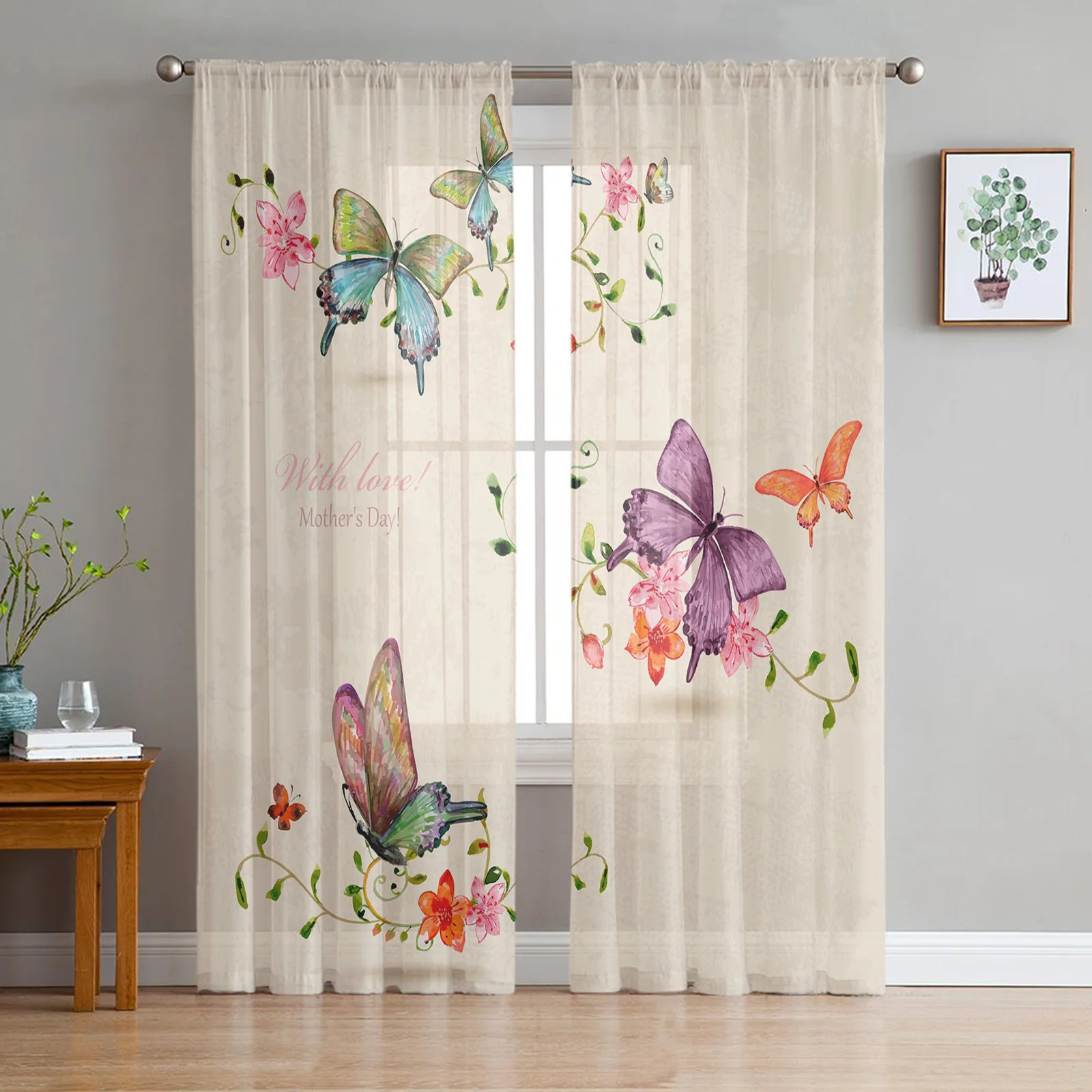 

Flowers Bouquet Butterfly Sheer Curtains for Living Room Bedroom Window Treatment Kitchen Chiffon Curtain