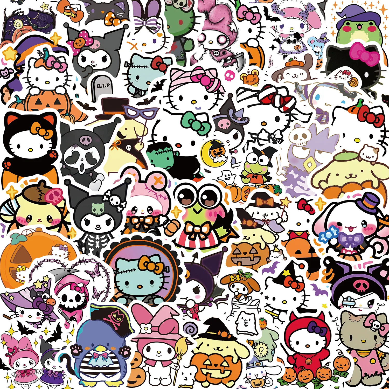 Cute Halloween Sanrio Adesivos para Crianças, Desenhos animados Adesivos, Bagagem Decal, Laptop Suitcase Toy, Kuromi Melody Cinnamoroll, Novo, 10 Pcs, 50Pcs