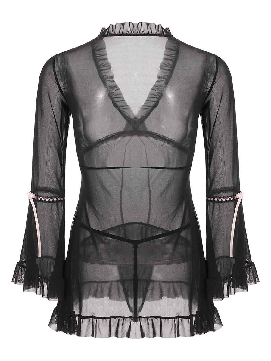 ملابس داخلية نسائية شقية بيبي دول شفافة بكشكشة على شكل حرف V ومجموعة ثونغ لملابس النوم الغريبة ملابس النوم