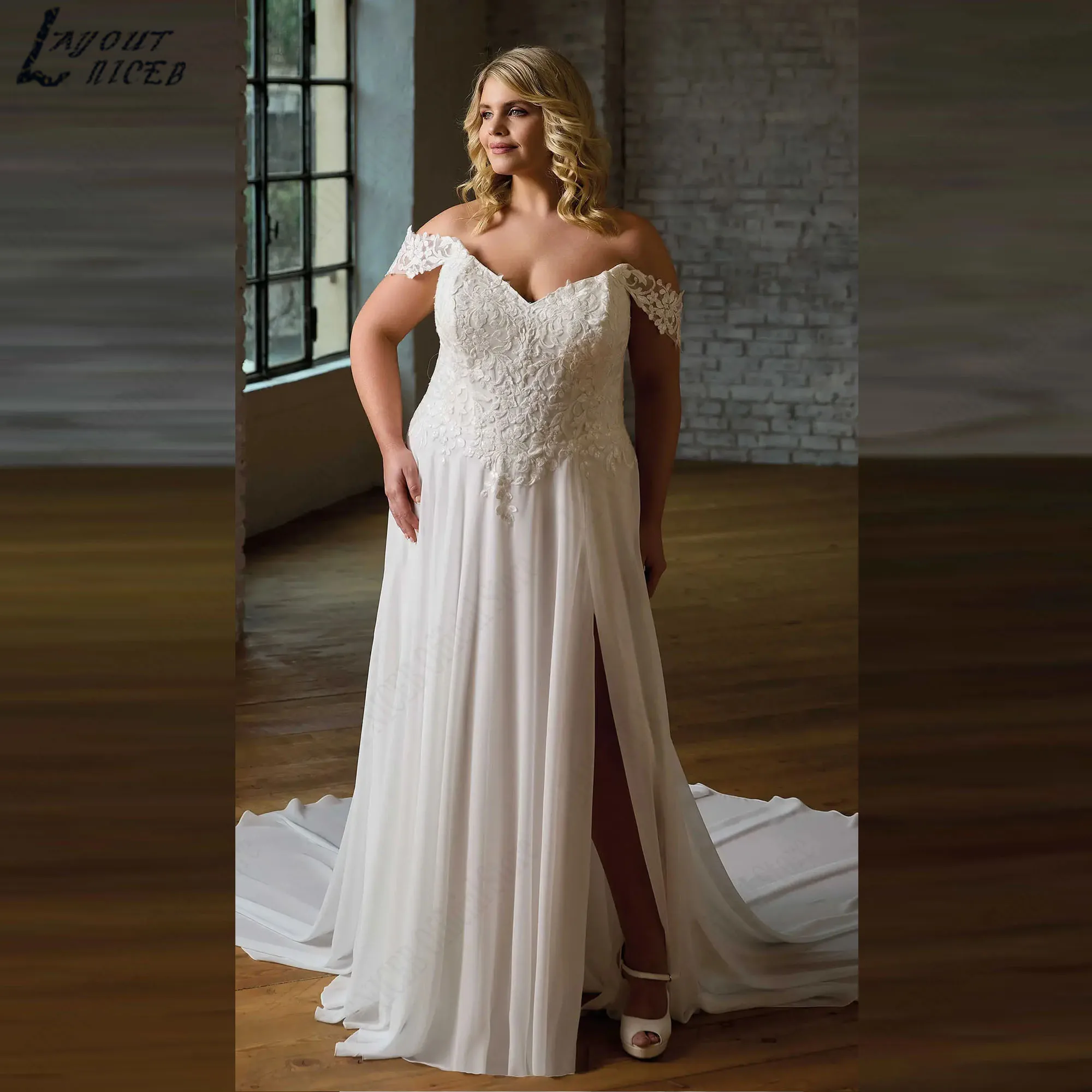 Plus Size Flowy Chiffon Wedding Dress A-line Off Shoulder Appliques Boho Bride Gown Backless V-neck vestidos de novia Customized